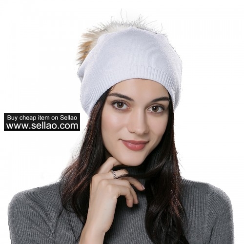 Autumn Unisex Wool Knit Beanie Cap Winter Hat White with Fox fur pompom