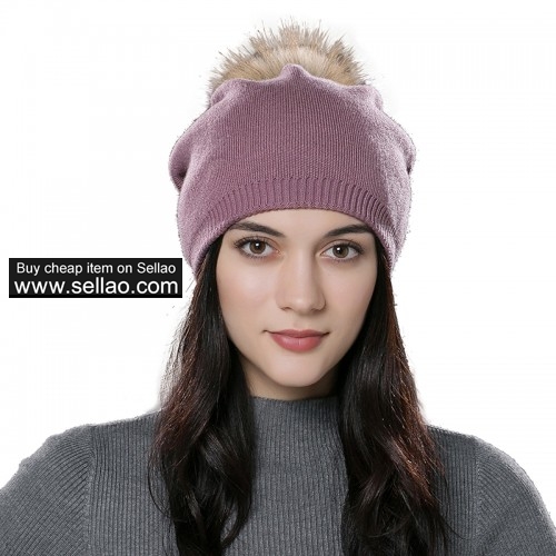 Autumn Unisex Wool Knit Beanie Cap Winter Hat Purple with Raccoon Pompom