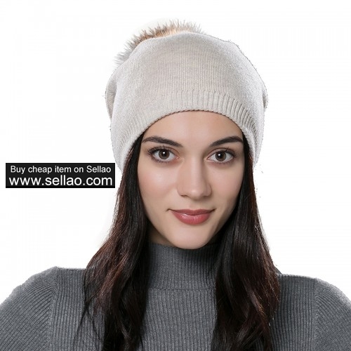 Autumn Unisex Wool Knit Beanie Cap Winter Hat Beige with Raccoon Pompom