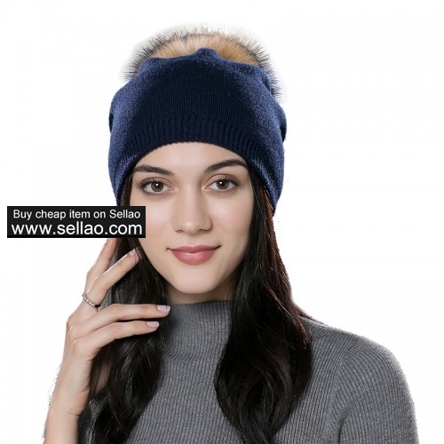 Autumn Unisex Wool Knit Beanie Cap Winter Hat Blue with Raccoon Pompom
