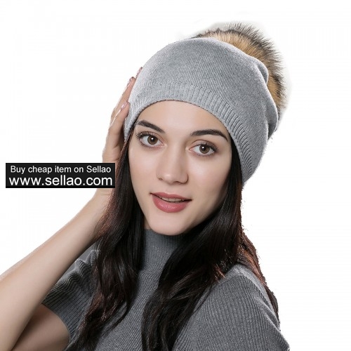 Autumn Unisex Wool Knit Beanie Cap Winter Hat Light Gray with Raccoon Pompom