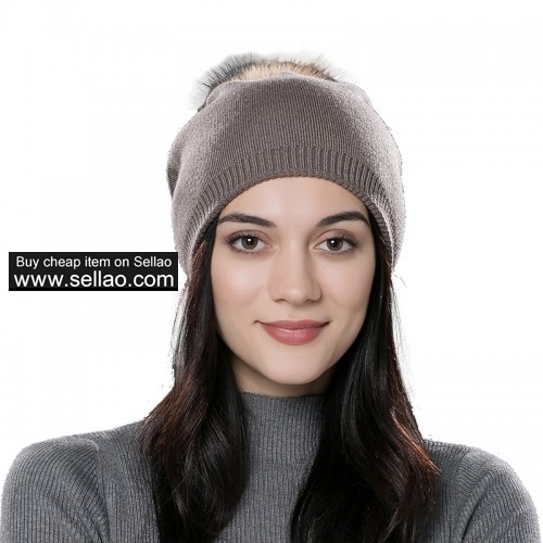 Autumn Unisex Wool Knit Beanie Cap Winter Hat Brown with Raccoon Pompom