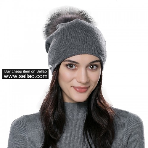 Autumn Unisex Wool Knit Beanie Cap Winter Hat Gray with Fox fur pompom