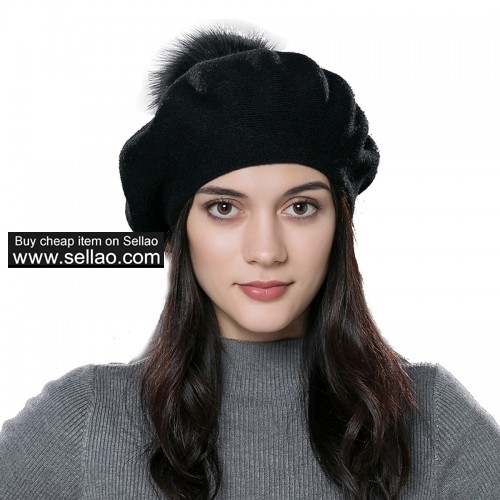 Unisex Winter Hat Womens Knit Wool Beret Cap with Fur Ball Pom Pom Black