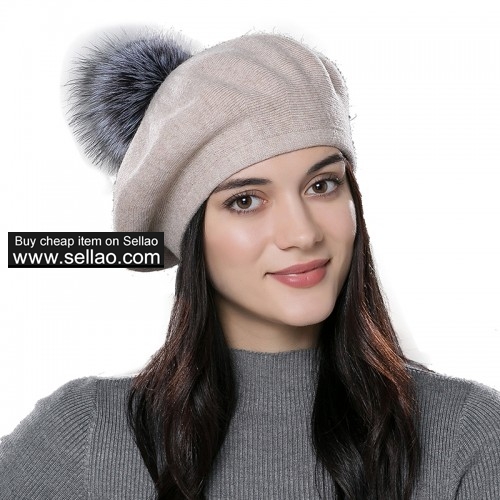 Unisex Winter Hat Womens Knit Wool Beret Cap with Fur Ball Pom Pom Beige