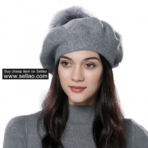 Unisex Winter Hat Womens Knit Wool Beret Cap with Fur Ball Pom Pom Slate Gray