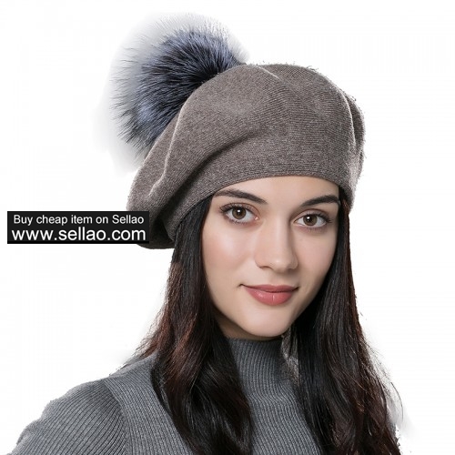 Unisex Winter Hat Womens Knit Wool Beret Cap with Fur Ball Pom Pom Brown