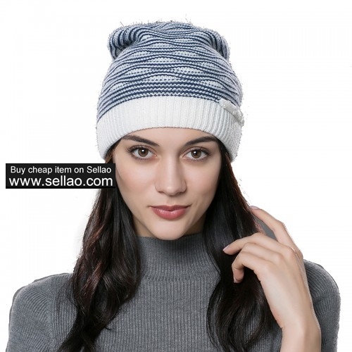 Unisex Knit Autumn Hat Womens Winter Beanie Cap with Pearl Decoration White with Blue Stripes