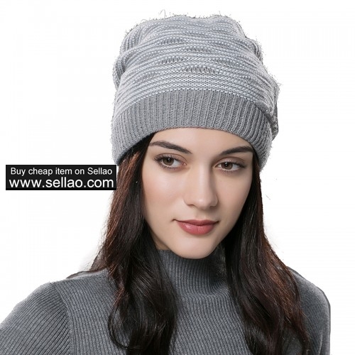 Unisex Knit Autumn Hat Womens Winter Beanie Cap with Pearl Decoration Gray with White Stripes