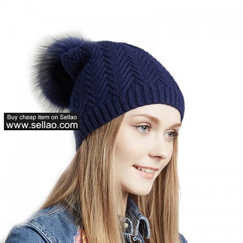 Unisex Slouchy Spring Knit Beanie Cap Women Autumn Wool Fur Ball Pom Hat Blue with Blue Raccoon Pom