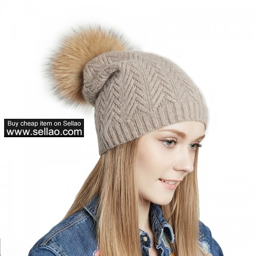 Unisex Slouchy Spring Knit Beanie Cap Women Autumn Wool Fur Ball Pom Hat Camel with Raccoon Pom