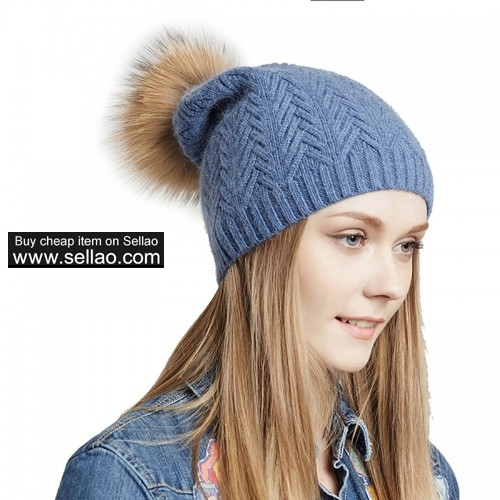 Unisex Slouchy Spring Knit Beanie Cap Women Autumn Wool Fur Ball Pom Hat Azure with Raccoon Pom