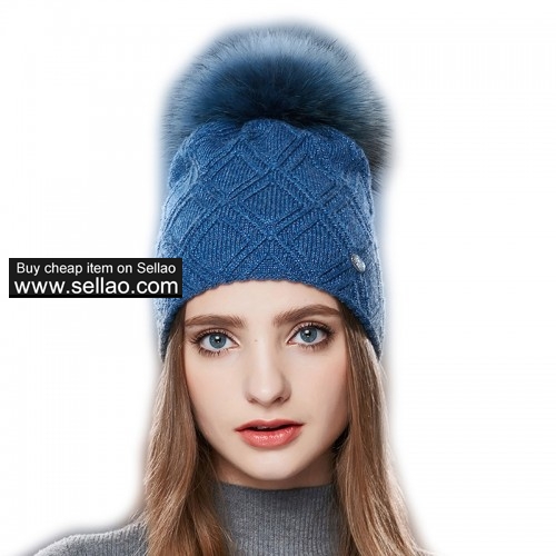 Women Knit Beanie Hat Fur Ball Pom Bobble Cap Unisex Winter Warm Slouchy Skullies Blue