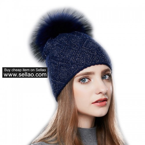 Women Knit Beanie Hat Fur Ball Pom Bobble Cap Unisex Winter Warm Slouchy Skullies Navy Blue