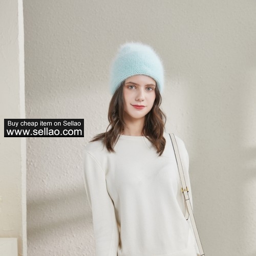 Real Rabbit Fur Winter Hat Wave Pattern Knit Cap for Women,Candy Green