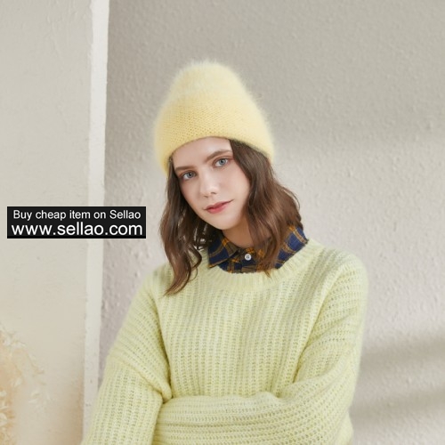 Real Rabbit Fur Winter Hat Wave Pattern Knit Cap for Women,Candy Yellow