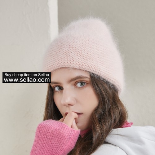 Real Rabbit Fur Winter Hat Wave Pattern Knit Cap for Women,Candy Pink