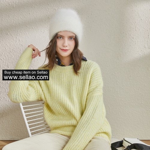 Real Rabbit Fur Winter Hat Wave Pattern Knit Cap for Women,Candy White