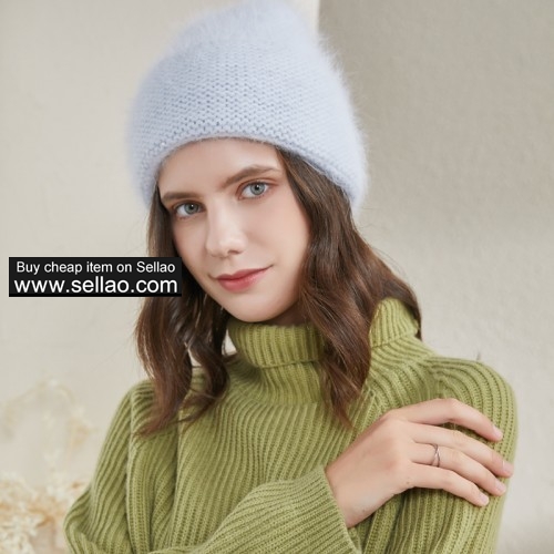Real Rabbit Fur Winter Hat Wave Pattern Knit Cap for Women,Candy Blue
