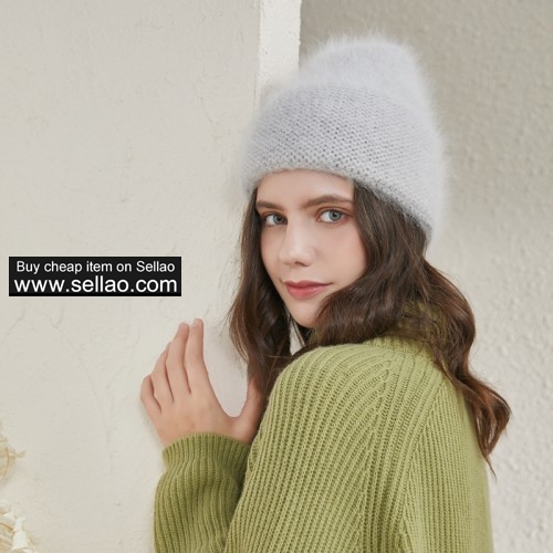 Real Rabbit Fur Winter Hat Wave Pattern Knit Cap for Women,Candy Grey