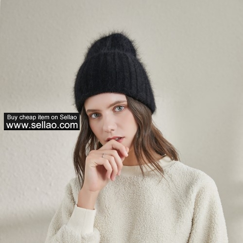 Women's Winter Knit Hat Angora Rabbit Fur Warm Wide Sleeve Beanies Elastic Cap, Candy Black