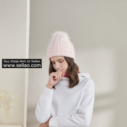 Women's Winter Knit Hat Angora Rabbit Fur Warm Wide Sleeve Beanies Elastic Cap, Candy Pink