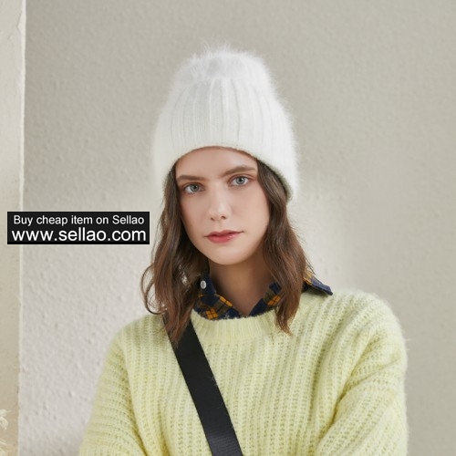 Women's Winter Knit Hat Angora Rabbit Fur Warm Wide Sleeve Beanies Elastic Cap, Candy White