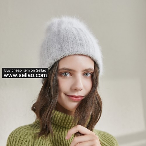 Women's Winter Knit Hat Angora Rabbit Fur Warm Wide Sleeve Beanies Elastic Cap, Candy Grey