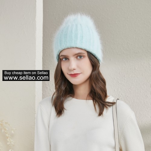 Women's Winter Knit Hat Angora Rabbit Fur Warm Wide Sleeve Beanies Elastic Cap, Candy Green