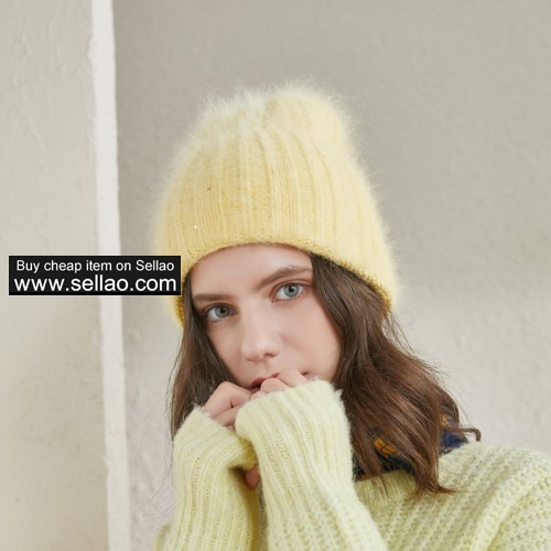 Women's Winter Knit Hat Angora Rabbit Fur Warm Wide Sleeve Beanies Elastic Cap, Candy Yellow
