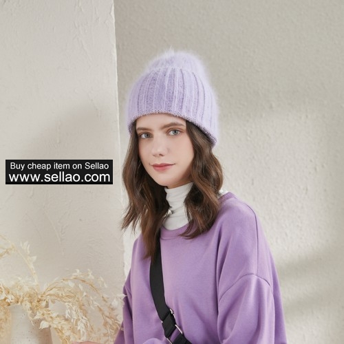 Women's Winter Knit Hat Angora Rabbit Fur Warm Wide Sleeve Beanies Elastic Cap, Candy Purple