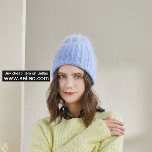 Women's Winter Knit Hat Angora Rabbit Fur Warm Wide Sleeve Beanies Elastic Cap, Candy Blue