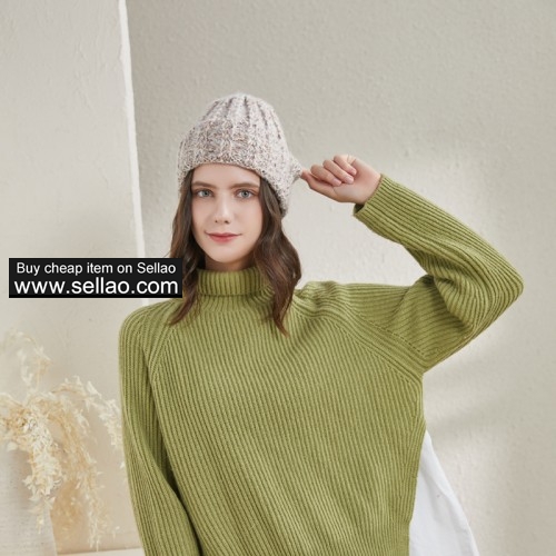 Women's Knitted Hat Fold Stretch Chunky Soft Cable Beanie Cap, Mixed Color White