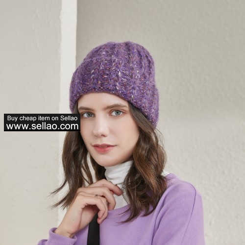 Women's Knitted Hat Fold Stretch Chunky Soft Cable Beanie Cap, Mixed Color Purple