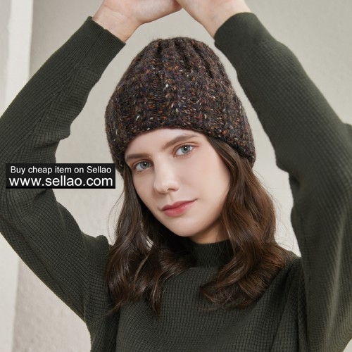 Women's Knitted Hat Fold Stretch Chunky Soft Cable Beanie Cap, Mixed Color Black