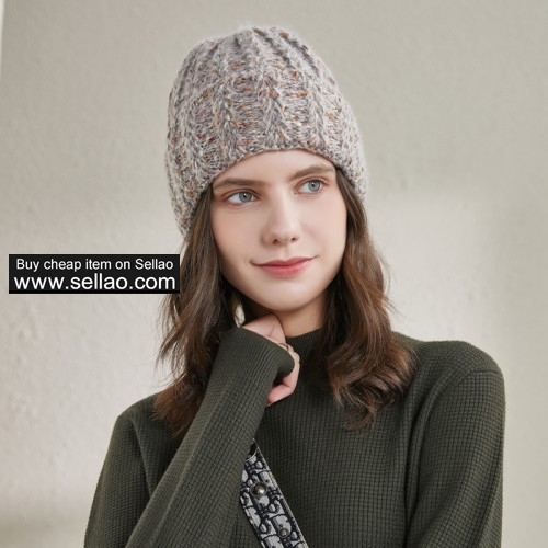 Women's Knitted Hat Fold Stretch Chunky Soft Cable Beanie Cap, Mixed Color Brown