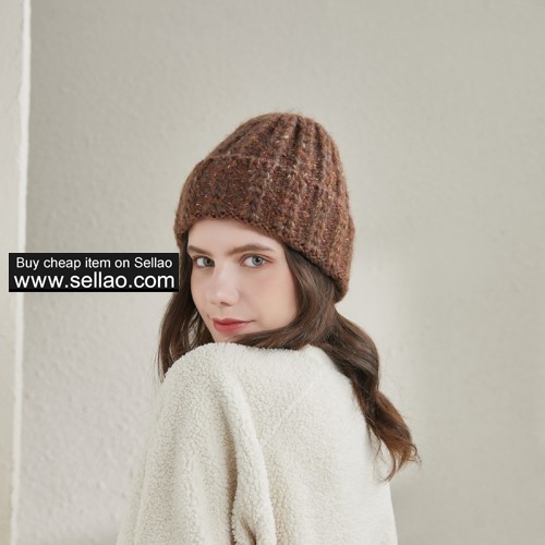 Women's Knitted Hat Fold Stretch Chunky Soft Cable Beanie Cap, Mixed Color Camel