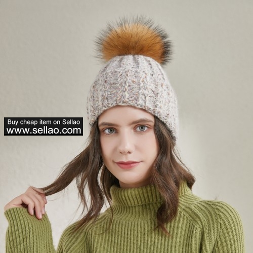 Winter Knitted Beanie with Fluffy Fox Pom Pom for Women Warm Skull Ski Cap Soft Stretch Hat
