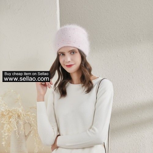 Women's Fuzzy Knitted Beanie Rabbit Fur Slouch Cap with Rhinestone Double Layer Winter Hat, Pink