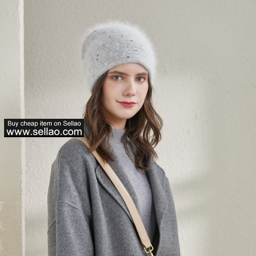 Women's Fuzzy Knitted Beanie Rabbit Fur Slouch Cap with Rhinestone Double Layer Winter Hat Grey