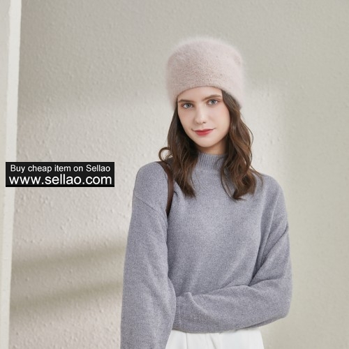 Women's Fuzzy Knitted Beanie Rabbit Fur Slouch Cap with Rhinestone Double Layer Winter Hat Brown