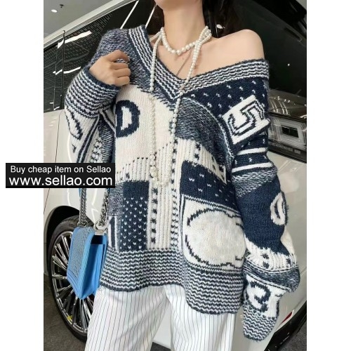 Embroidery V-neck knitted sweater cardigan women fashion loose long-sleeved sweater cardigan long-sl