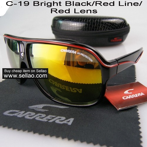 C-19 New Men Womens Retro Sunglasses Outdoor sport Glasses+Box  Bright Black/Red Line /Red Lens