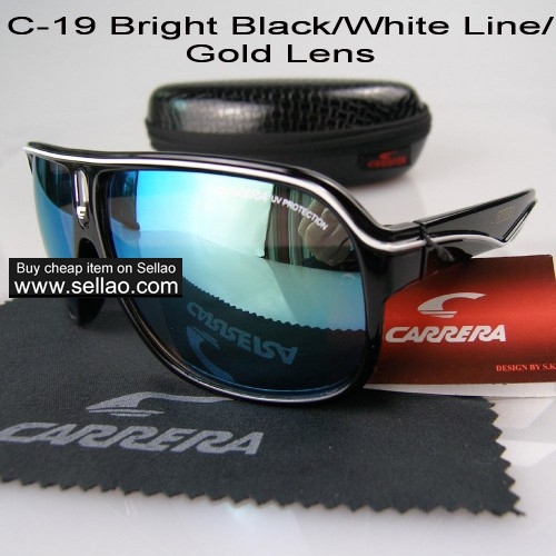 C-19 New Men Womens Retro Sunglasses Outdoor sport Glasses+Box  Bright Black/White Line /Gold Lens