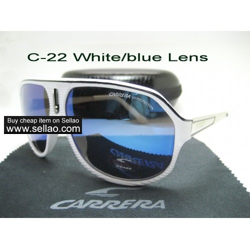 C-22 Men's Women's Trendy Travel Windproof Sunshade Sunglasses Anti-UV +Box  White/Blue Lens