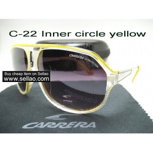 C-22 Men's Women's Trendy Travel Windproof Sunshade Sunglasses Anti-UV +Box  Inner circle Yellow