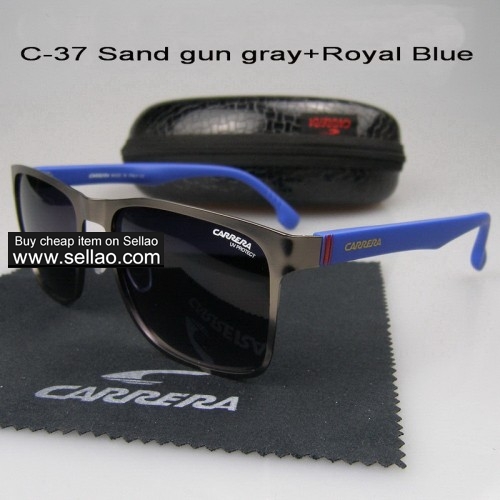 C-37 New Men Womens Retro Sunglasses Outdoor sport Anti-UV Glasses+Box Sand Gun Gray+Royal Blue