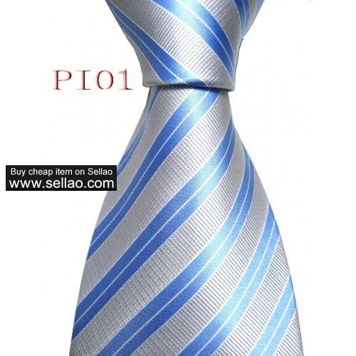 PI01  #100%Silk Jacquard Woven Handmade Men's Tie Necktie Gray/Blue