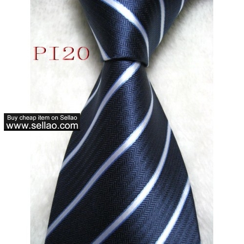PI20  #100%Silk Jacquard Woven Handmade Men's Tie Necktie Blue