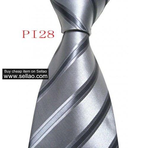 PI28  #100%Silk Jacquard Woven Handmade Men's Tie Necktie silver/Gray